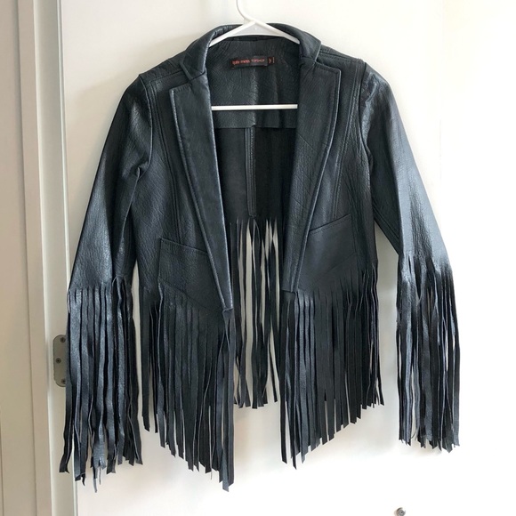 Kate Moss for Topshop Deep Charcoal Navy Fringed Leather Jacket - Picture 10 of 16